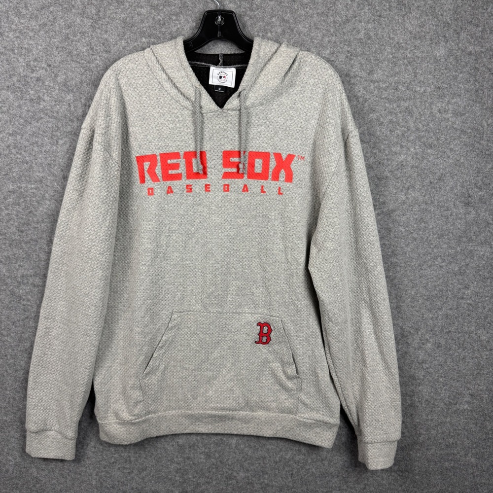 MLB Boston Red Sox Mens Gray Textured Waffle Knit Hoodie Pullover‎ Medium